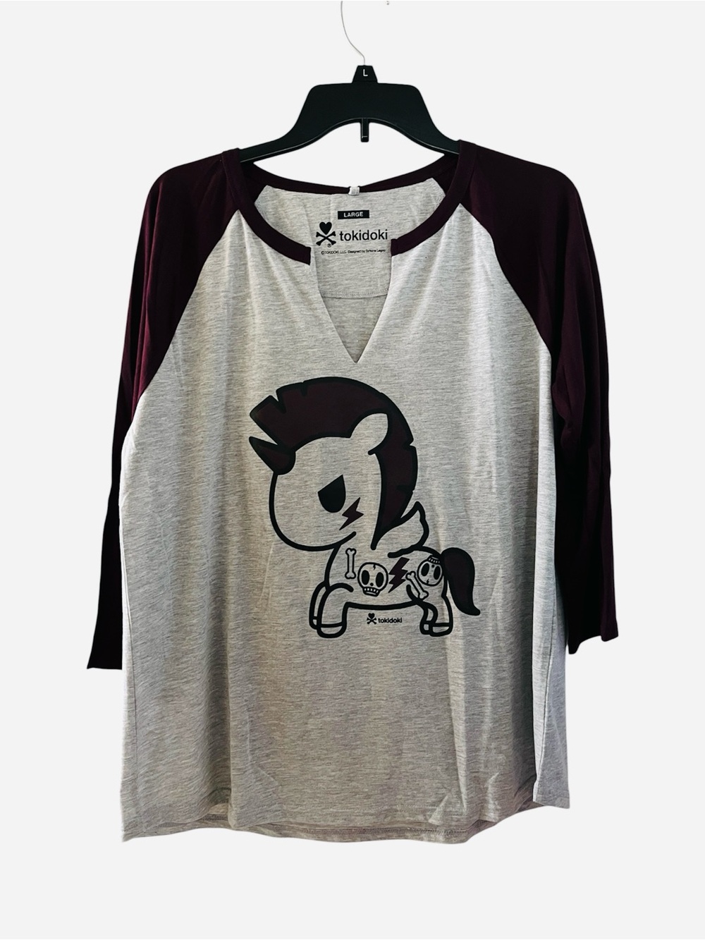 Tokidoki Grey & Burgundy Raglan Baseball Pogo Unicorno Graphic 3/4 Sleeve Top